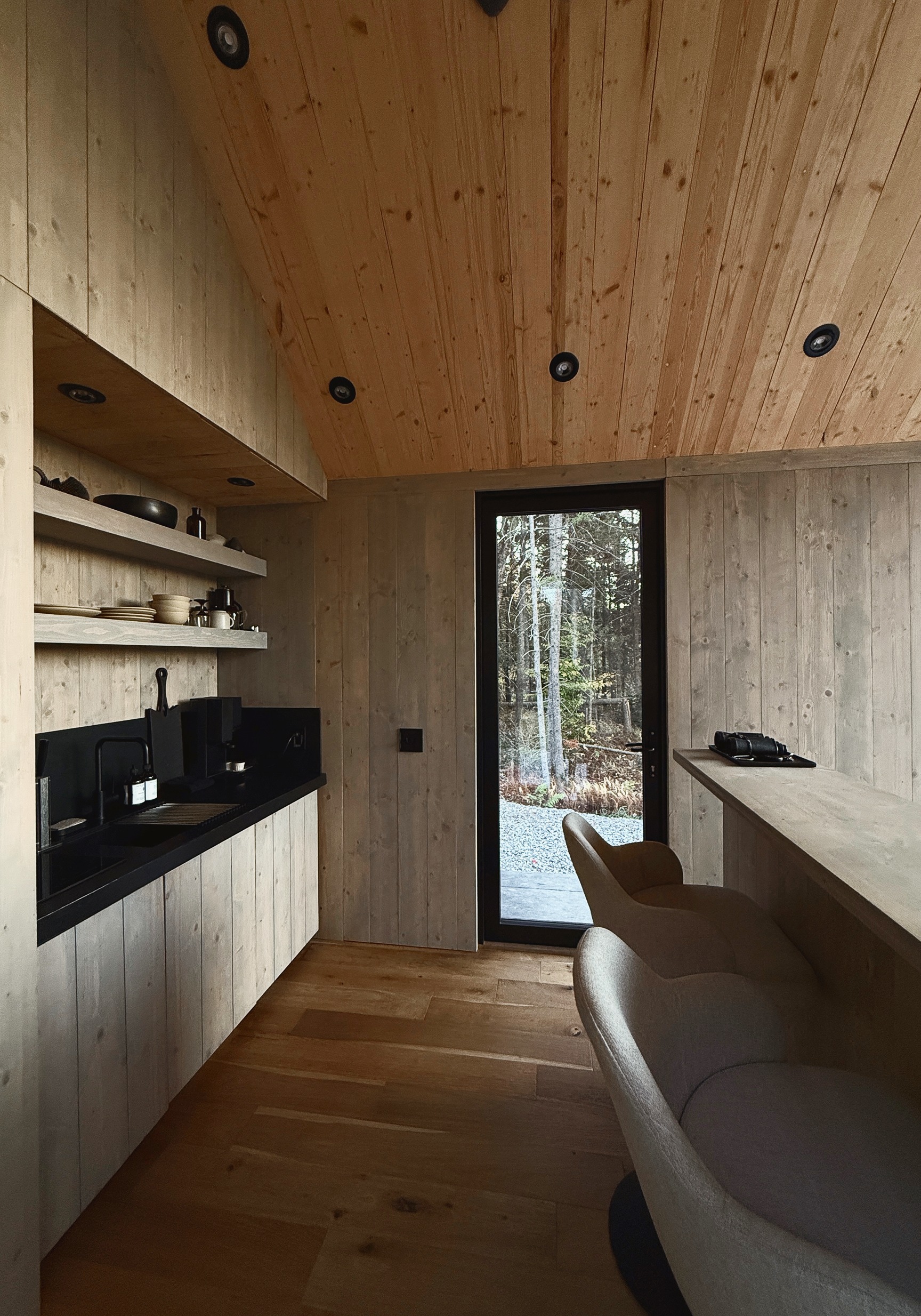 Cabin kitchen with open shelves and a door to the woods